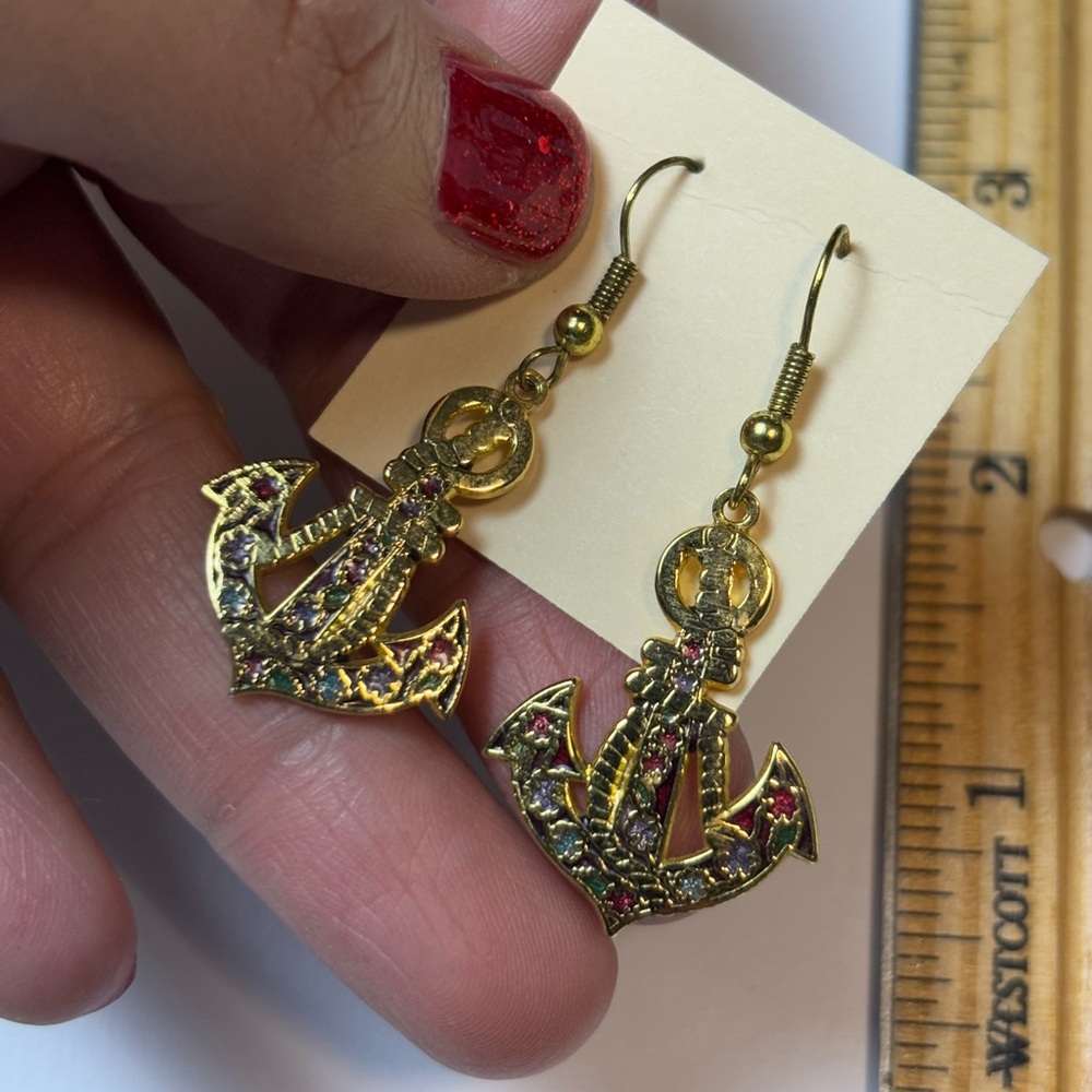 Vintage Women’s Cloisonné Anchor Goldtone Earrings, Colorful Floral Accents